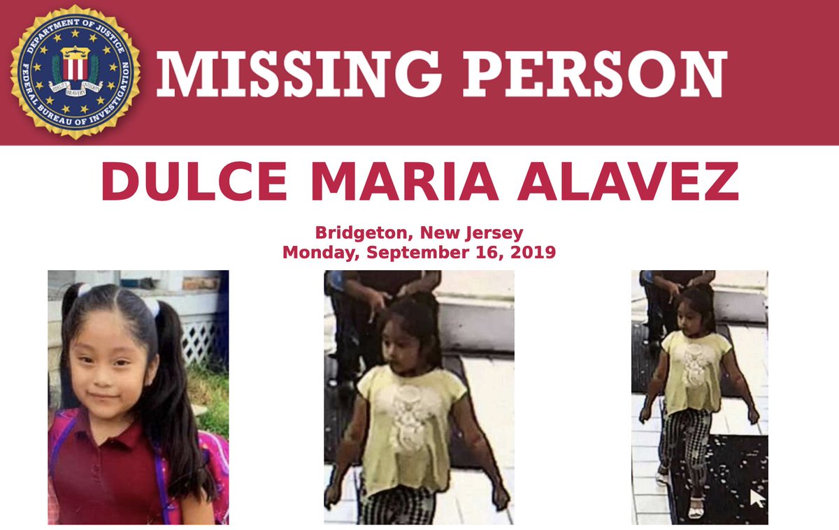 Dulce Maria Alavez was last seen at the Bridgeton City Park in New Jersey on September 16, 2019. You can upload photos or videos taken at the park that day to  http://ow.ly/YqdR50zN7KA  or call your local FBI office with tips.  #MissingChildrensDay  #NeverStop  http://ow.ly/dJW850zN7In 
