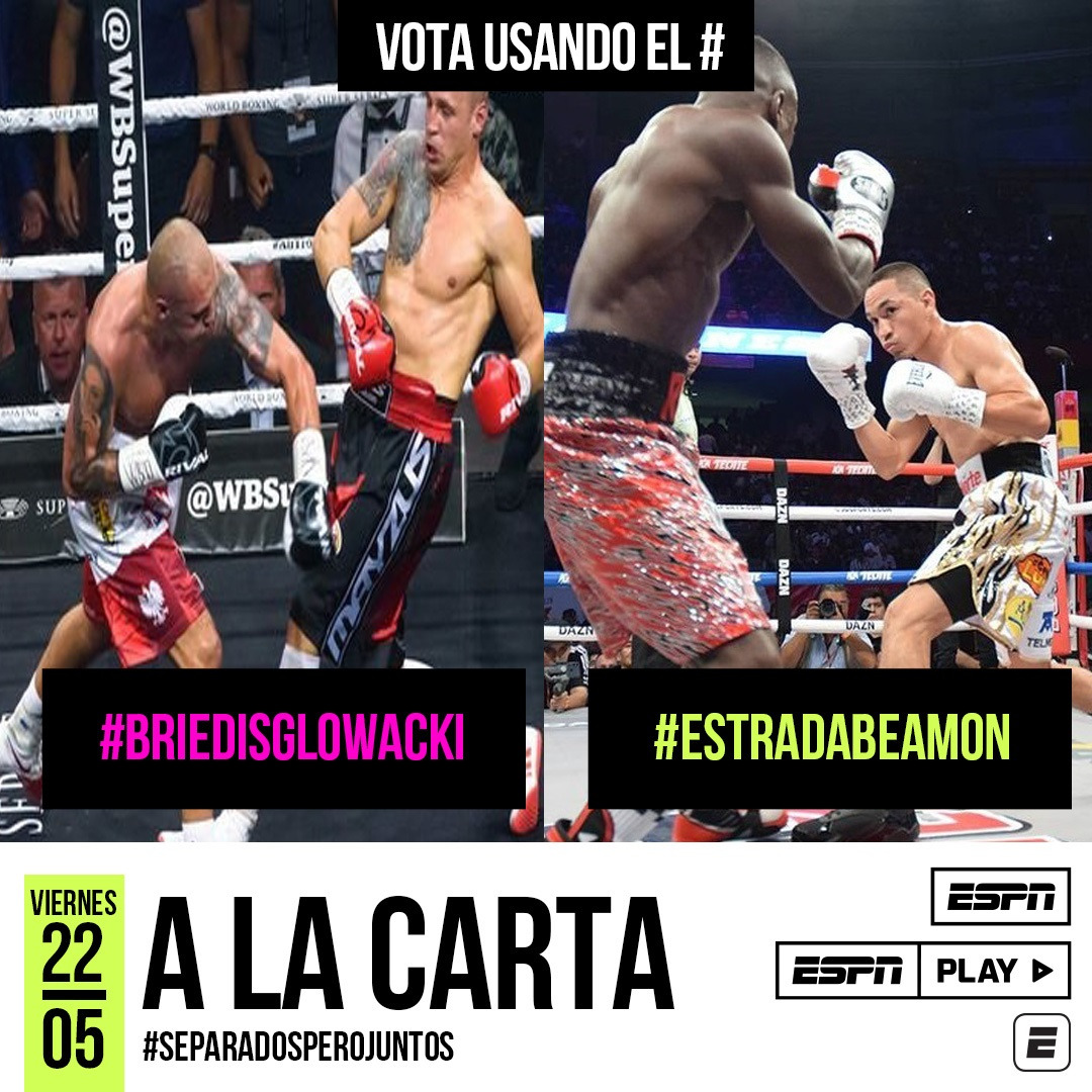 ESPNKnockOut's tweet photo. #ESPNALaCarta Ustedes eligen qué quieren ver: Briedis-Glowacki ó Estrada-Beamon.
Voten usando el hashtag d su elección (#BriedisGlowacki ó #EstradaBeamon ) y la q más votos consiga se emitirá mañana (viernes 22 de mayo) en ESPN en este horario 
20:00🇦🇷🇺🇾
19:00🇨🇱🇵🇾🇧🇴🇻🇪
18:00🇵🇪🇨🇴🇪🇨 https://t.co/2tatxmzryf