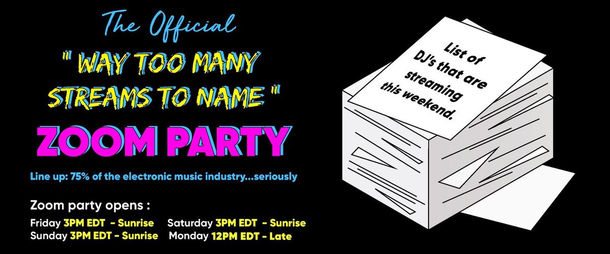 dgtldance's tweet photo. We're BACKKK with the official "Way Too Many Streams To Name" zoom party. There are some BIG digital music fests this wknd (@MovementDetroit @LIBfestival  @GrooveCruise @KissFMUK @TheBPMFestival &amp; our zoom room will be open for ALL of them! https://t.co/ERAEhbCjkw for details 🥳 https://t.co/hxsdz72jb3