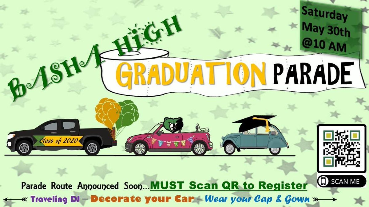 DeirdreToenjes's tweet image. @bashaclass2020 Don’t forget to register for the Basha High Grad Parade! Please use your parent’s email for information.
