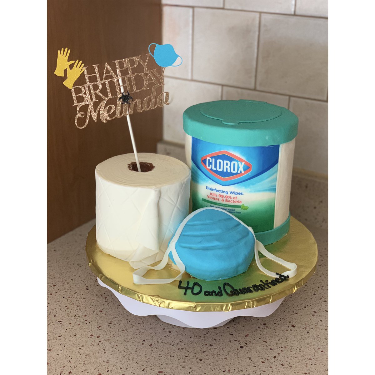 TheCupcakePoet's tweet photo. Need Toilet Paper a mask and some clorox? Got you! It’s edible too 🤫 #covid #quarantinecake #quarantine #birthdaycake #cake https://t.co/KjtJMaaavN