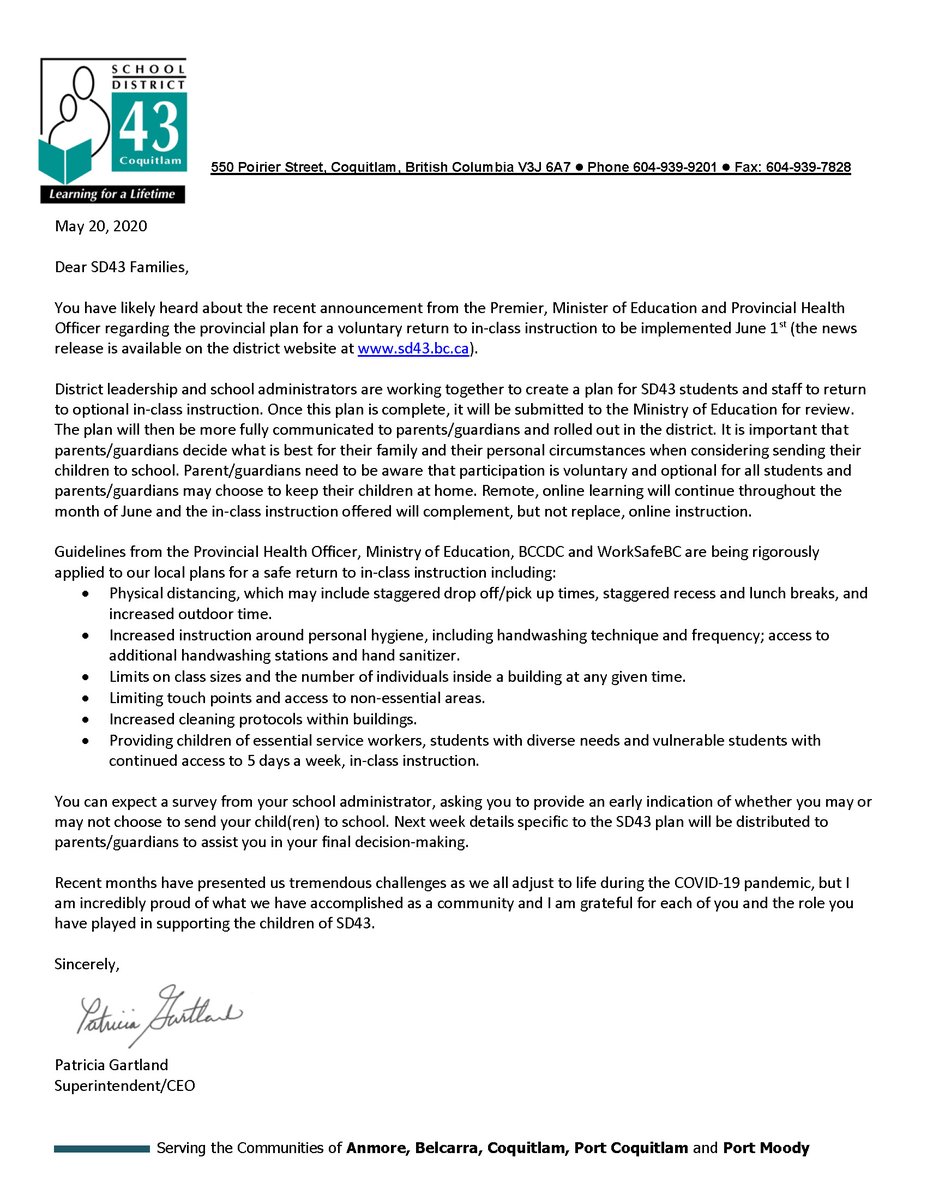 Read Superintendent Patricia Gartland's Letter to Families regarding Optional Return to In-Class Instruction on June 1st here: ow.ly/9aBH50zN7Gj