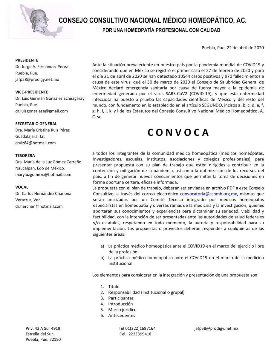 similia_hom's tweet photo. El Consejo Consultivo Nacional Médico Homeopático convoca a la comunidad médico homeopática de México a presentar propuestas "dirigidas a contribuir en la contención y mitigación de la pandemia" de la #Covid19.

#Coronavirus #Covid19 #Covid19Mx #QuédateEnCasa #SanaDistancia https://t.co/eMjqLDmW1x