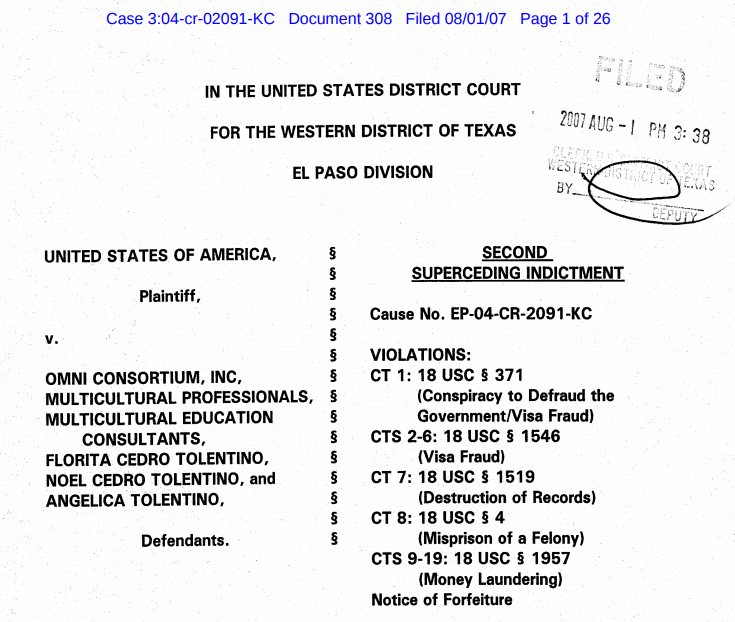 The US Attorney's Office, however, kept plowing through with a new indictment. All of the trafficking, smuggling, mail fraud, and wire fraud claims are gone. All that's left is a visa fraud claim (18 USC § 1546) and a bunch of catch-all claims, like 18 USC § 371. /9