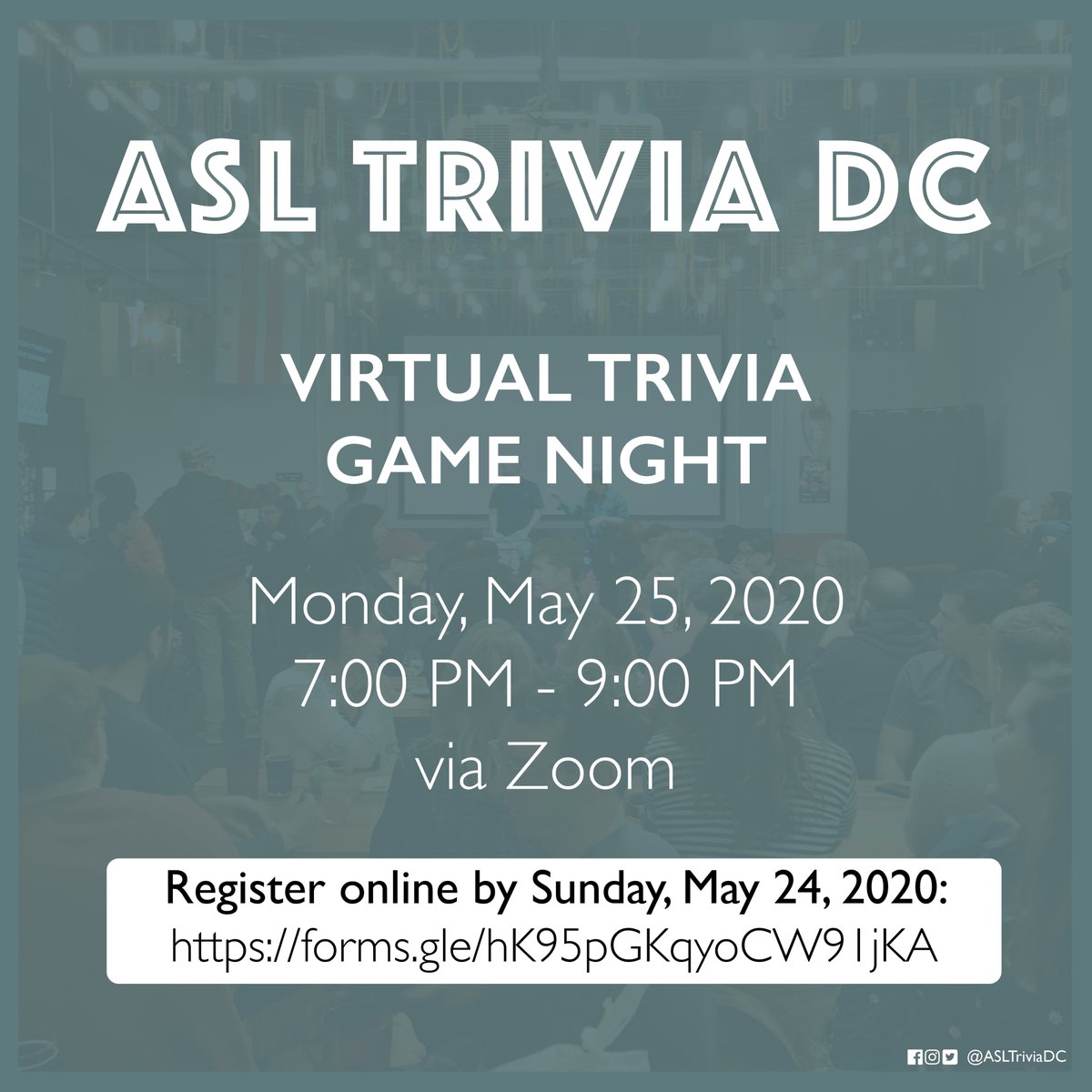 ASLTriviaDC's tweet image. Our very first VIRTUAL @ASLTriviaDC Trivia Game Night event will be held on Monday, May 25, 2020 from 7:00 PM to 9:00 PM. Everyone is welcome to join and play with us!

Facebook Link: facebook.com/events/4294912…

Registration Link:
forms.gle/hK95pGKqyoCW91….