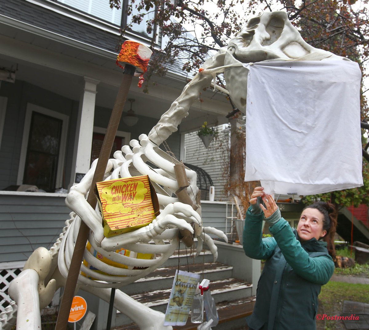 JimWellsphoto's tweet photo. Its not a real #Coronosaurus but a Coronasaurus in Sunnyside in NW #yyc The family has decorated a TRex model with #COVIDー19 items and its their own Coronasaurus https://t.co/Enmoq5KDxd