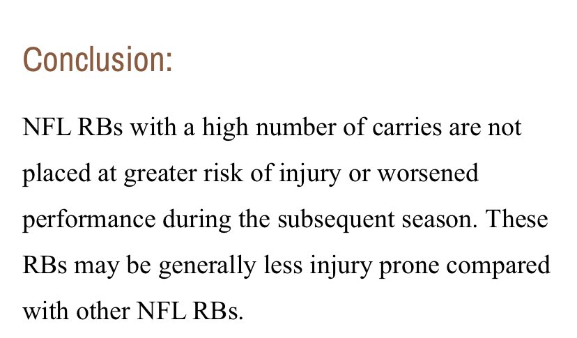 So even if we say "there's no evidence, one way or the other, that 'mileage'=decreased career length and/or injury risk' the onus is still on naysayers to provide evidence to disprove this "neutral" conclusion.Author's conclusions:6/6