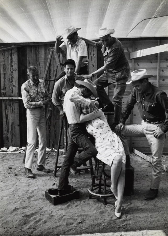 Elliott Erwitt carefully composed this portrait of the cast of The Misfits (with producer Frank Taylor, screenwriter Arthur Miller & director John Huston), & then everyone had some fun.