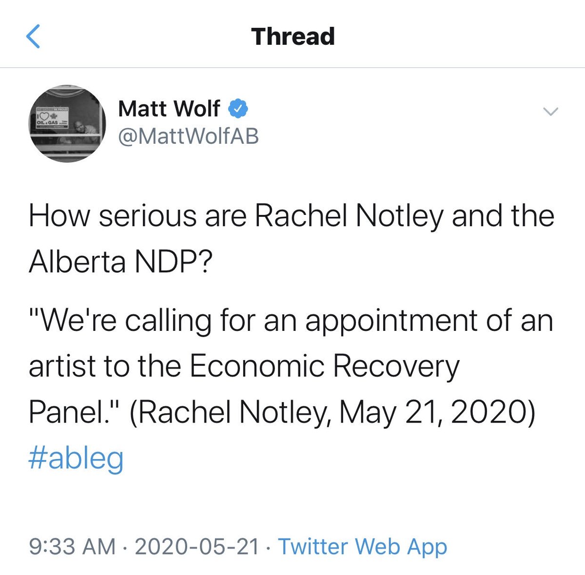 Today, in one tweet,  @mattwolfab made abundantly clear how  @ucpcaucus and  @alberta_ucp really feel about artists. That they have nothing to offer. That to suggest that an artist might know something about economic matters is laughable enough to be mocked.  #ableg  #abpoli