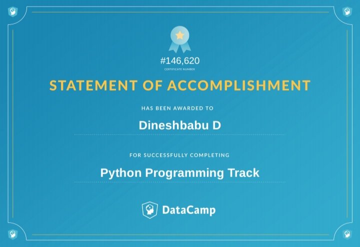 dineshsk_7's tweet photo. Spend ur precious time for what u love... I just completed python programming track in datacamp ๐...
#datacamp
#programming
#github
#githubstudentdeveloperpack
#pythonprogramming
#LoveWithoutLimits https://t.co/V7a9JzU1IK