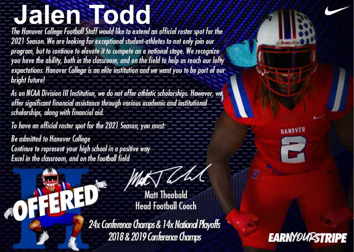 JalenT413's tweet photo. After a great talk with @Coach_Jay53, I am happy to have received my 5th offer from Hanover College. #UNCOMMON21
#STRIPESTANDARD
#PROTECTTHEH https://t.co/OWwrZGZhUQ
