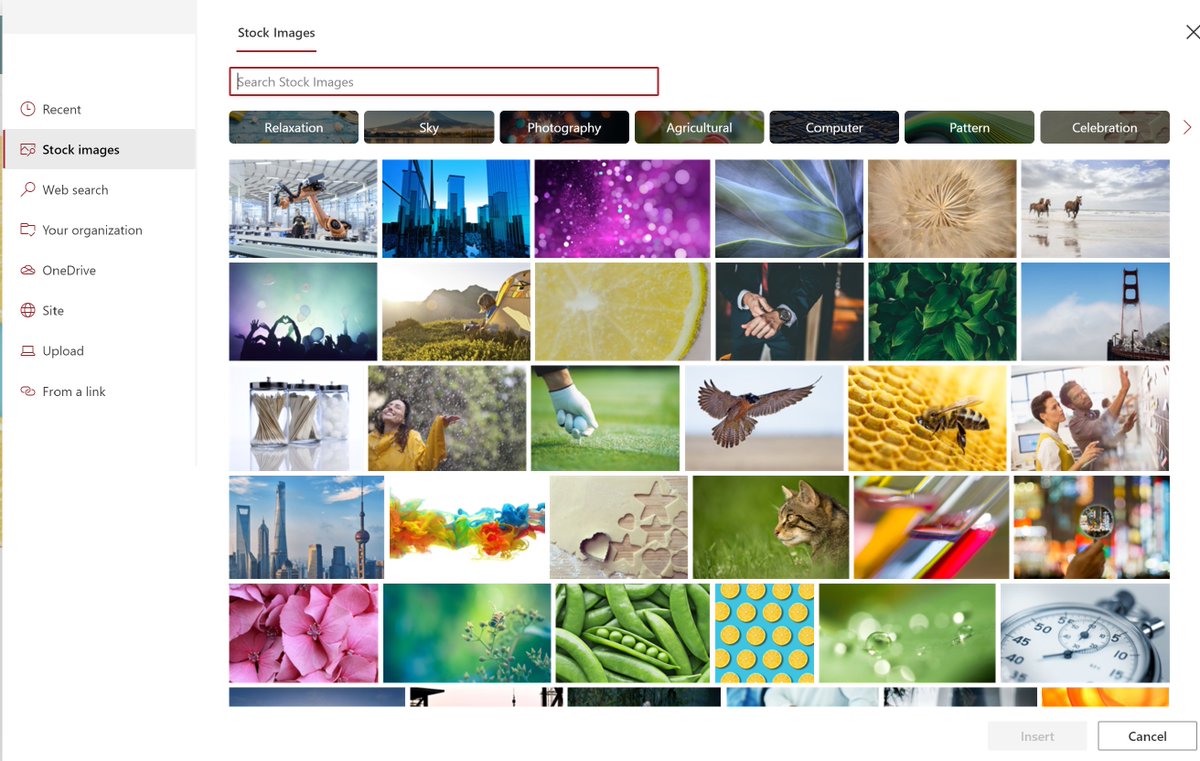 The SharePoint stock images tab is now 100% world wide! Thousands of high resolution images that look great in the title region and are free to use anywhere inside Office.