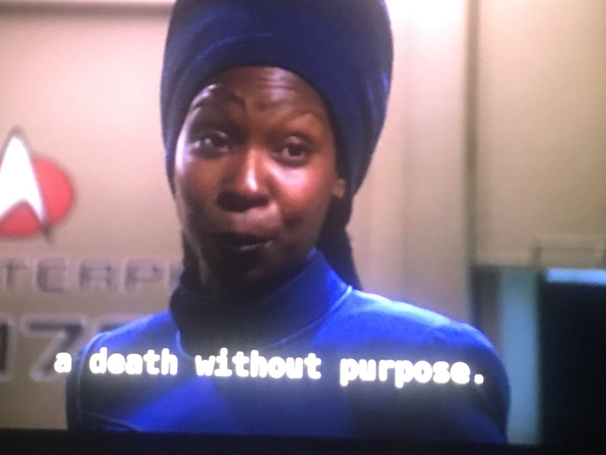 glad they gave whoopi more screentime but damn, guinan's character arc in this episode ("yesterday's enterprise") is whiplash-inducing. from bartender to supernatural deity/arbiter of fate and back again??