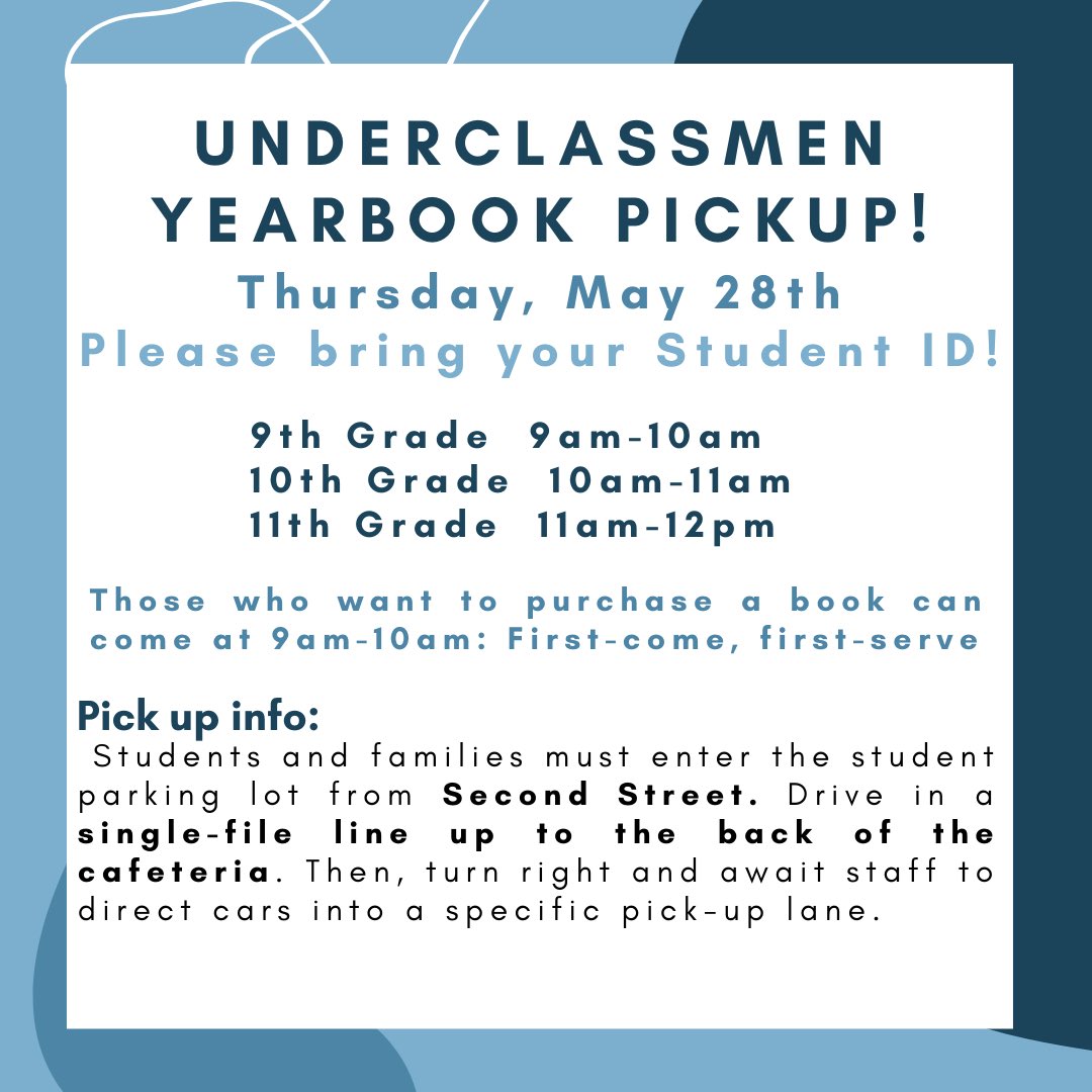 UPDATED underclassman yearbook pickup ‼️ Don’t forget your STUDENT ID. If you have any questions feel free to DM is. We are looking forward to the release of our work! 🥳