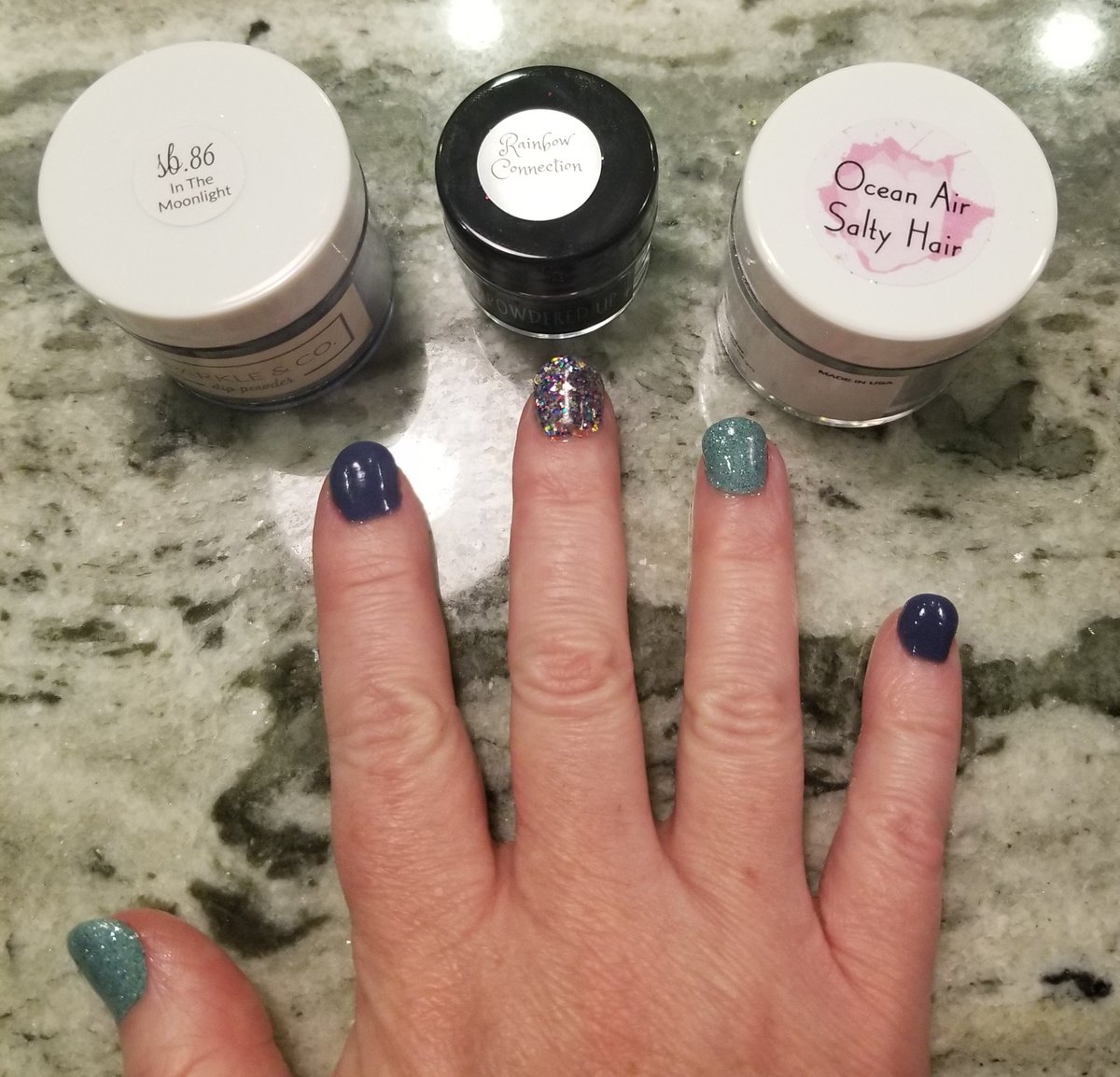 moodyrxswan's tweet photo. I can't think about this mani w/out singing the song, "Someday we'll find it - The Rainbow Connection - The lovers, the dreamers, &amp; me..." #SparkleAndCo #InTheMoonlight, #AllPowderedUp #RainbowConnection, &amp; #PeppiGel #OceanAirSaltyHair -  #StayAtHomeSeason #IAmMyOwnNailTech https://t.co/T8yVv201ra