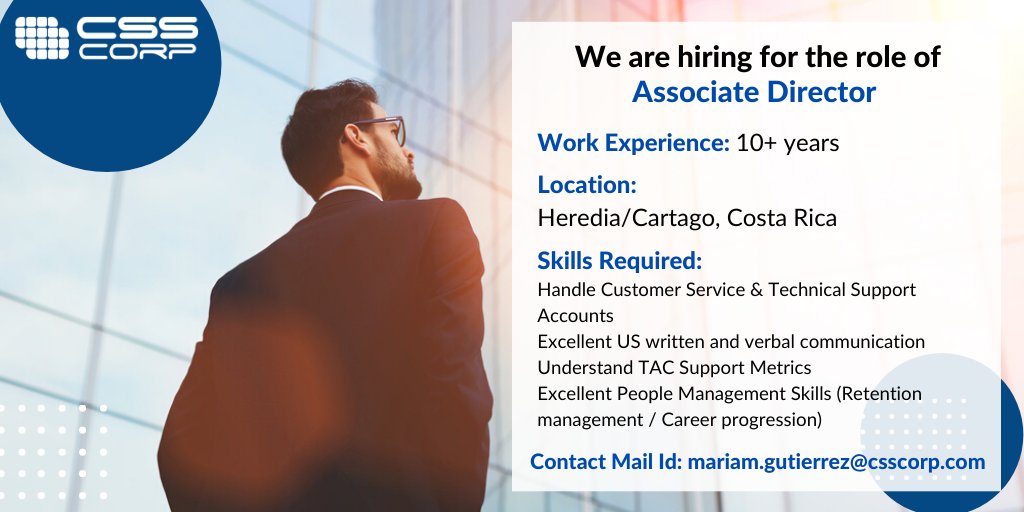 movate_inc's tweet photo. #Careers - We are hiring for the role of Associate Director at our office in Costa Rica. If you are a fit, then apply with us by sending your resume at mariam.gutierrez@csscorp.com
#associatedirector #costaricajobs #customerservicejobs #techsupportjobs #tac #communicationskills https://t.co/r4o8BBbHdK