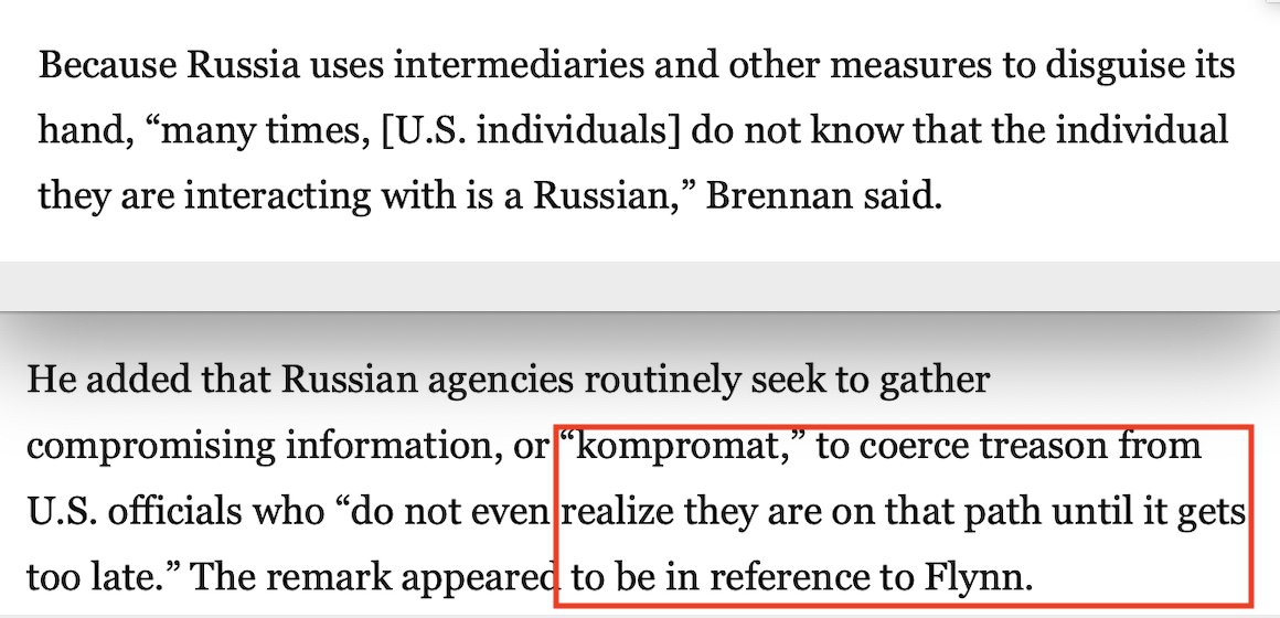 The lie about the "affair" between  @GenFlynn and me, who Halper falsely described as a Russian spy who "compromised  @GenFlynn", had first been "given" to the CIA in early 2016. Brennan said he passed the information to the FBI.