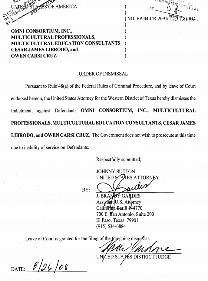 The two individuals offering the predatory loans, Librodo and Cruz, were apparently in the Philippines and were not pursued. Once the USAO secured Tolentino's plea, they were dismissed.So it's not like the victims got relief, or USAO got a plea/verdict, in a separate case. /15