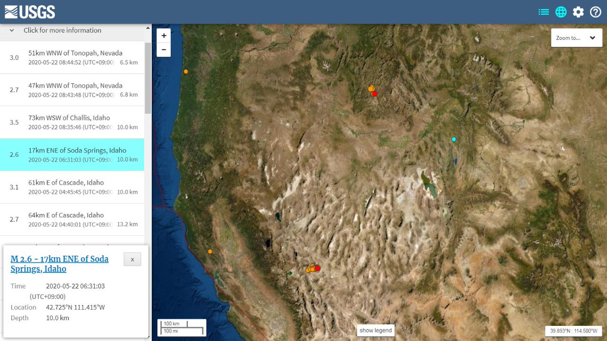 まんば A Twitter ネバダの群発は続いているが ネバダに触発されたのかアイダホもまた群発するようになった あと ソーダスプリング という場所でも地震 １時間おきにその名のとおり炭酸が噴き出す間欠泉だそうです イエローストーンみたいな感じの場所かも