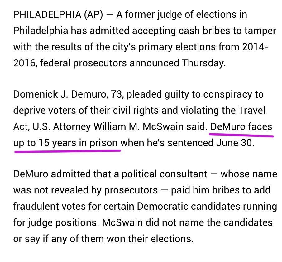 36.  #QAnon Ex-judge of elections in Pa. took bribes, fraudulently stuffed ballots. says DOJ: Demuro took $ to falsify xs ballots in favor of [D]s & certified the phony results at his precincts. A local 'political consultant' gave him directions and paid $.  https://www.pennlive.com/nation-world/2020/05/ex-judge-of-elections-in-pa-accepted-bribes-fraudulently-stuffed-the-ballot-box.html?utm_campaign=pennlive_sf&utm_medium=social&utm_source=facebook&fbclid=IwAR0zt8RWkZcW4UVPn7g5j6qyMU5at_mSNa0wYOx49E662aqnYlyYVme9Ly8
