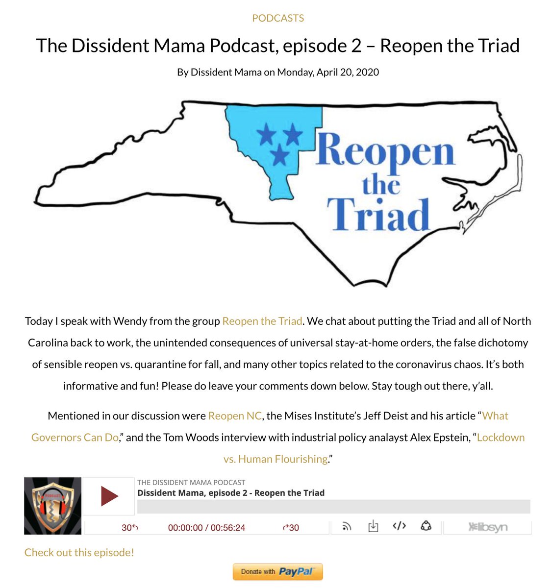 NEW: Another instance of a Re-Open group getting cozy w/ white supremacists. "Reopen the Triad" (NC) leader Wendy Rishel Konig appeared on the "Dissident Mama" podcast run by Rebecca Quate Dillingham, a racist, neo-Confederate blogger/podcaster (archive:  http://archive.is/tegLx )