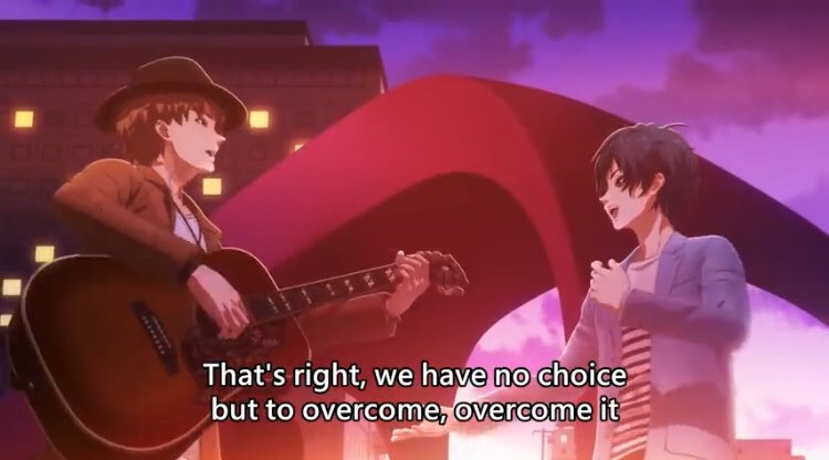Then at the pre-chorus part, Ren looks at Yuuto...and it’s right at that lyric tooYuuto is struggling with his past, and it’s as if Ren is telling him “It’s alright, we can overcome this together” or something along the lines