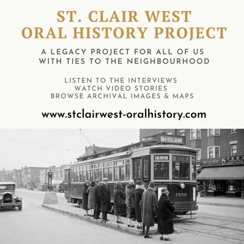 We are so excited to launch the website for the St. Clair West Oral History Project! 

Listen to the many stories from St. Clair residents throughout the years, while exploring archive videos, images and maps of our area.

stclairwest-oralhistory.com