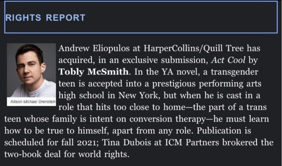 toblymcsmith's tweet photo. I'm proud to announce my next book ACT COOL out 2021! I’m excited to bring another transgender main character into the world and write about THEATER!!! Thank you @HarperCollins @harperteen my genius editor @andrewasalways and my amazing agent @TinaDuboisNY https://t.co/HFd2k8LXH6