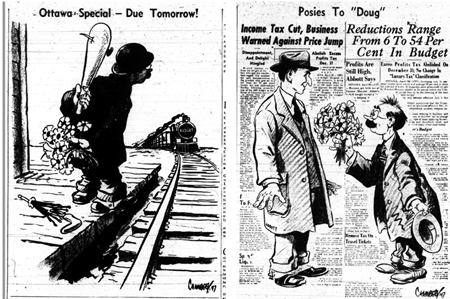 What happened in the postwar New Normal? In 1947’s budget, Finance Minister Doug Abbott made many cuts in personal income taxes. Cartoonist Bob Chambers sketched his “Little Man’s” fear, hope, and pleasure in 2 cartoons, before and after the budget speech: 04/28 and 05/01.4/17