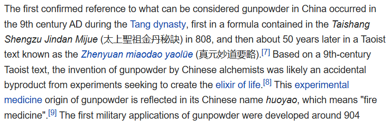 you have Daoists to thank for gunpowder, btw. one day about a thousand years ago some Daoists put the exact combo of sulfur, charcoal, and saltpeter into a cauldron and BLEW THE FUCK UPthen i assume their peers were like HOLY SHIT WRITE THAT FORMULA DOWN