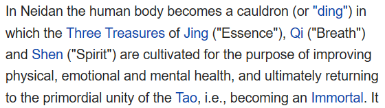 so that's EXTERNAL alchemy. INTERNAL alchemy became a thing when some Daoists were like "y'all do you think mercury is poisonous actually bc a lot of us are sure dying early deaths..."then some genius was like "u know what? fuck dangerous experiments, my body IS the cauldron!!"