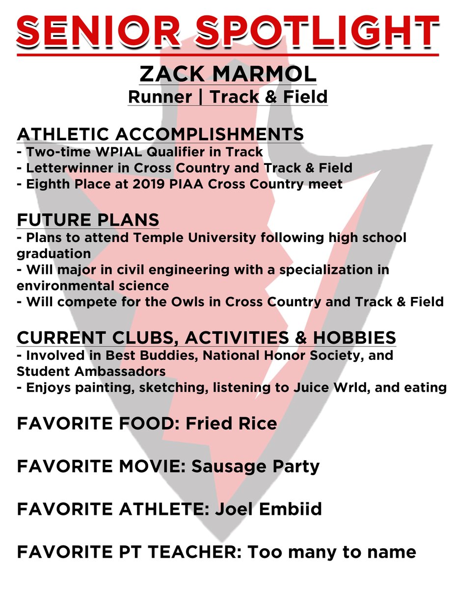 Distance runner Zack Marmol takes his turn for Senior Spotlight.  Zack is heading to Temple University in the fall and will run for the Owls in cross country and track &amp; Field