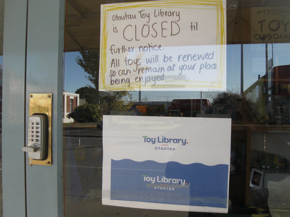 Another in Otautau Main St photodocumentary series pre & post Covid: 1. Originally home to many local businesses, including MO McIvor & H Laing Baker as shown, c1930s CC 0; 2. VetSouth Otautau premises for a time, taken 2016, CC BY; 3 & 4. Otautau Toy Library in May 2020, CC BY.