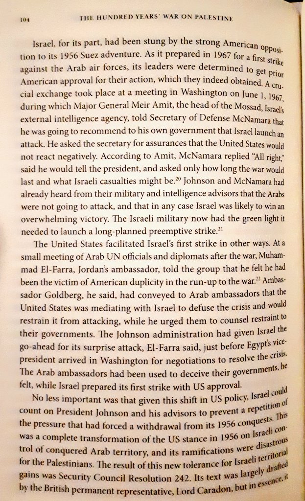 "As [Israel] prepared in 1967 for a first strike against the Arab air forces, its leaders were determined to get prior American approval for their action, which they indeed obtained ... The Israeli military now had the green light it needed to launch a long-planned .. strike"