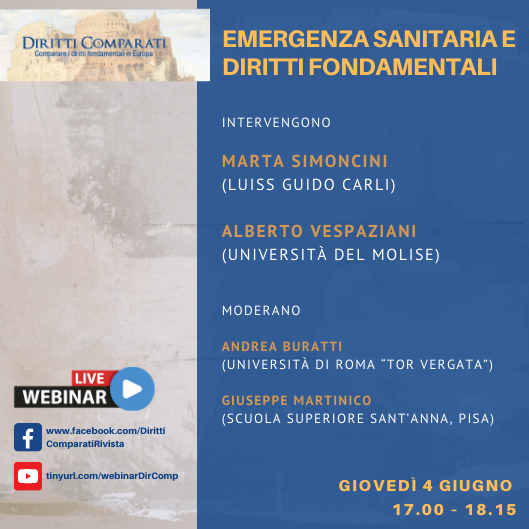 DirComparati's tweet photo. Webinar Diritti Comparati: Emergenza sanitaria e diritti fondamentali https://t.co/XAGNdHLynp https://t.co/e0c2VPixqq