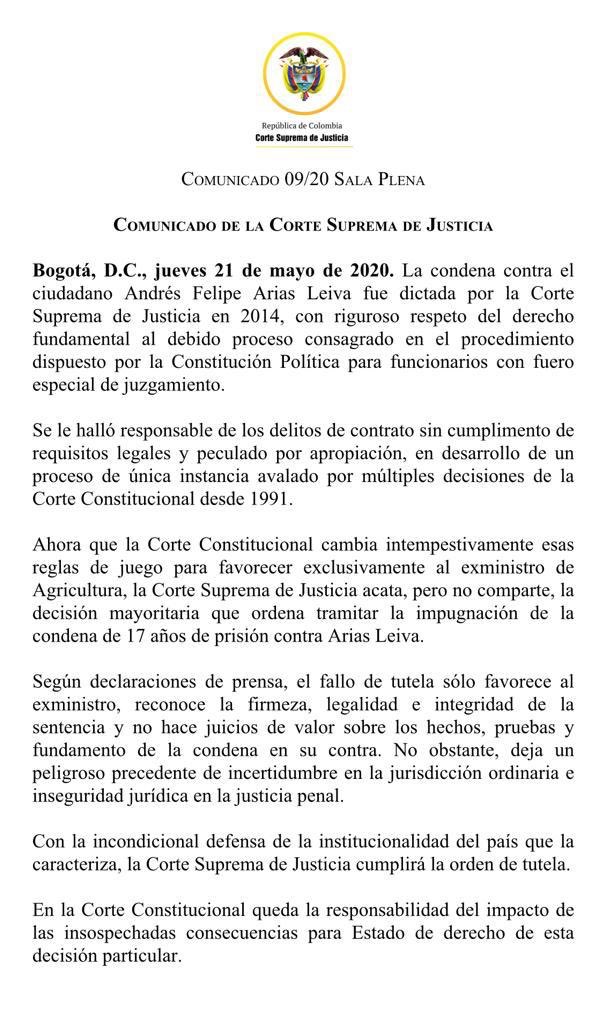 Fuerte comunicado de la <a href="/CorteSupremaJ/">Corte Suprema de Justicia</a> por decisión de Andrés F. Arias. Acata pero no comparte la decisión de la <a href="/CConstitucional/">Corte Constitucional</a> que “cambia intempestivamente las reglas de juego para favorecer a Arias. Deja un peligroso precedente de incertidumbre en la jurisdicción ordinaria”