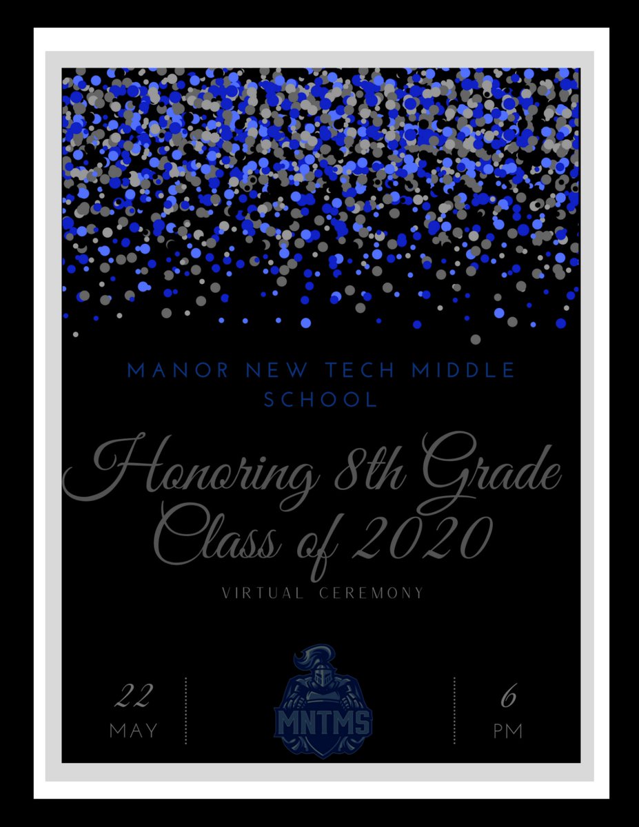 MNTMS Presents 8th Grade Virtual Ceremony on Friday, May 22 at 6PM. Viewing on YouTube and Facebook. 
Premiere YouTube link for the presentation video: youtube.com/watch?v=CfSYkK…
Premiere Facebook link for the presentation video: facebook.com/MNTMSGladiator… 

#GladiatorStrong <a href="/ManorISD/">Manor ISD</a>