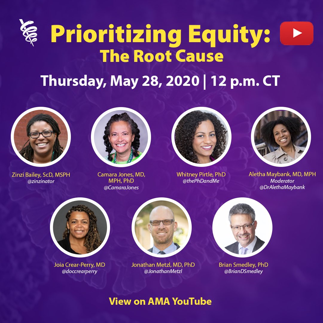 JonathanMetzl's tweet photo. May 28th at 1 pm EDT I'm joining @CamaraJones, @BrianDSmedley, @zinzinator, @doccrearperry, @JonathanMetzl, @thePhDandMe & @DrAlethaMaybank for an #AMAHealthEquity. Listen in as we talk root causes of inequity and name racism. https://t.co/6U44yCWKZY https://t.co/K63SphZa4z