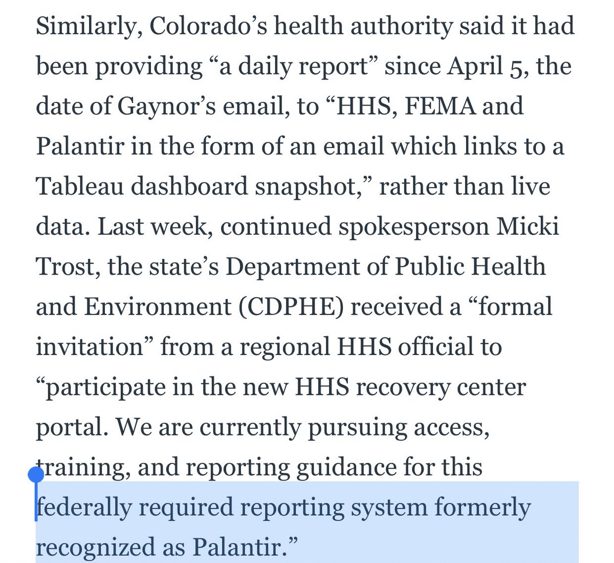 WTF?? So Palantir set up a system — which is used by HHS, FEMA, and state agencies to share data on  #COVID19 — and then they removed the name “Palantir” from the system and are now using an entirely different “official name” to refer to the same system...?