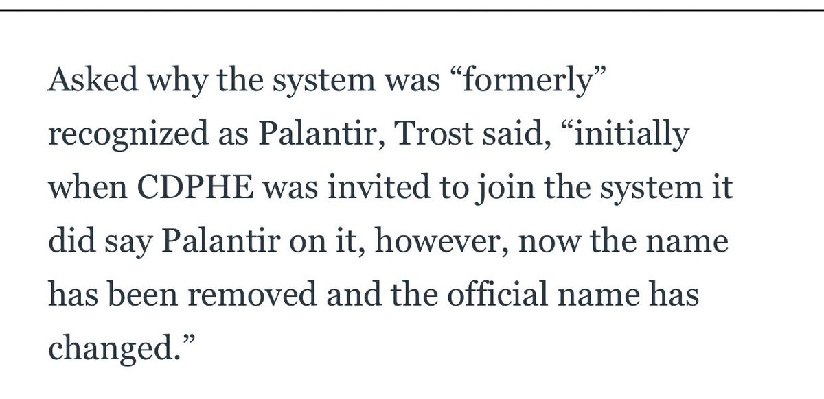 WTF?? So Palantir set up a system — which is used by HHS, FEMA, and state agencies to share data on  #COVID19 — and then they removed the name “Palantir” from the system and are now using an entirely different “official name” to refer to the same system...?