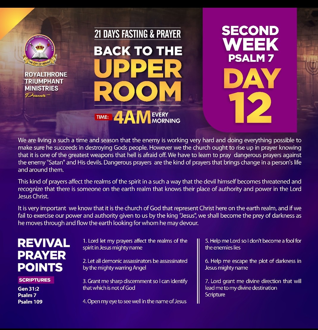 Please Join ROYAL PROPHET REINDOLF MONNIE of Royalthrone Triumphant Ministries (RTM)
@ 4 am. Live on ALL platforms. 
Please see Day 12 Prayer Points for BACK TO THE UPPER ROOM PRAYER AND FASTING CONFERENCE🙏🏼🙏🏼🚨