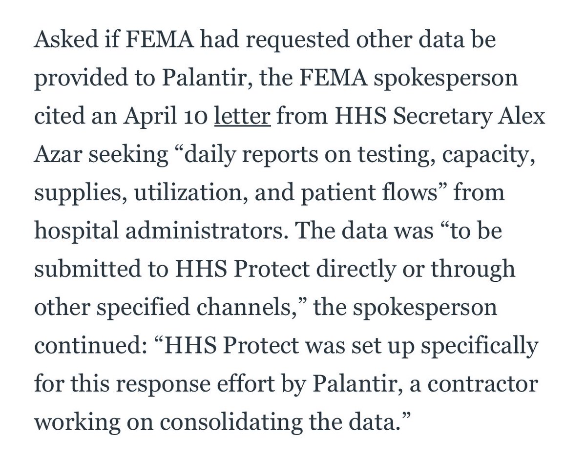 “HHS Protect was set up specifically for this response effort by Palantir” ... and then Palantir’s name was just removed from the system and changed to another name? For what reason...?