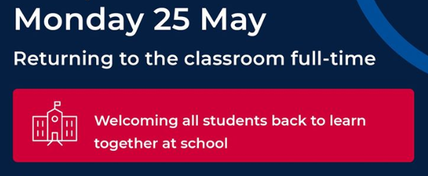 We look forward to welcoming back our students on Monday 25 May.

Please check the latest Schoolzine message for important information regarding student drop off and pick ups.

Remember social distancing is still in place and parents are asked to always remain 1.5m apart.