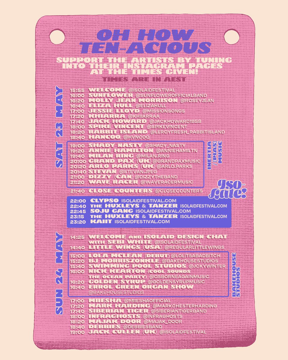 millylala's tweet photo. ROUND 10's JUST AROUND THE BEND 🧘‍♀️ 
We're flexing extra hard for this edition of Isol-Aid's salute to the majesty of all things musical 🙌 @arloparks @closecounters @hvncoq @miieshaofficial @waveracermusic @BakehouseStudio @inertiamusic
Elevate your being with us this weekend 💕 https://t.co/qpu8e7Fp8V