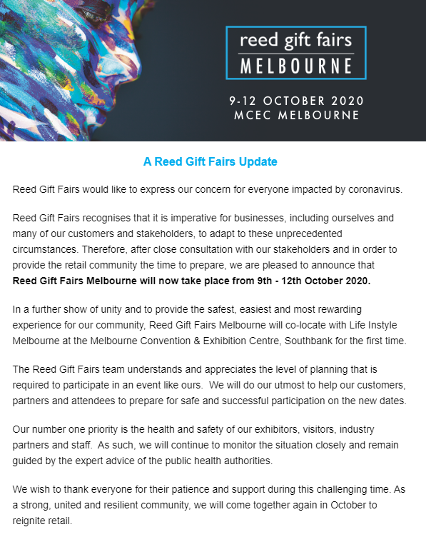 *An Important Update from Reed Gift Fairs*
Read the full release here: bit.ly/3bSFOZO

#reedgiftfairs #reigniteretail