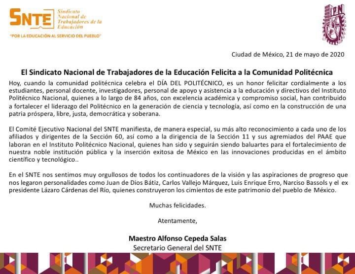 Snte42's tweet photo. Estudiantes👨‍💻 docentes🧑‍🏫 investigadores👨‍🔬 personal de apoyo👩‍💼 y directivos🤵‍♂️ de ayer y hoy, enaltecen la historia del @IPN_MX 👉La Técnica al Servicio de la Patria ✔️

#24deMayo 🗓️ #DíaDelPolitécnico ✅
#IPN84AñosPorMexico 🇲🇽

Mtro. Alfonso Cepeda Salas
Secretario General #SNTE https://t.co/UcKCGvnt3f