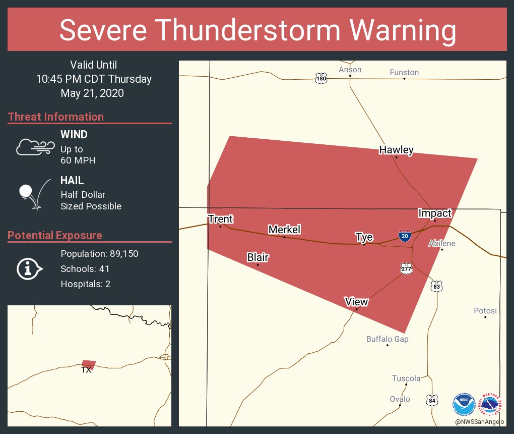 Severe Thunderstorm Warning including Merkel TX, Tye TX, Hawley TX