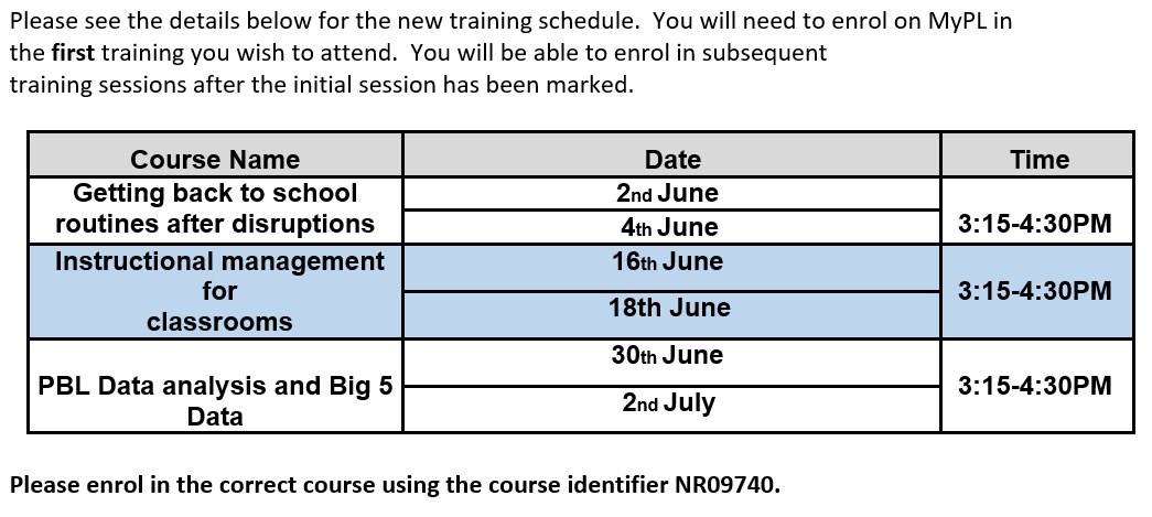 In response to the news that students will be returning full time to classrooms, the Macquarie Park area PBL team have adjusted the schedule of the Free PBL Digital Network Meetings via Adobe.  Please enrol in the correct course using the course identifier NR09740 on MyPL.