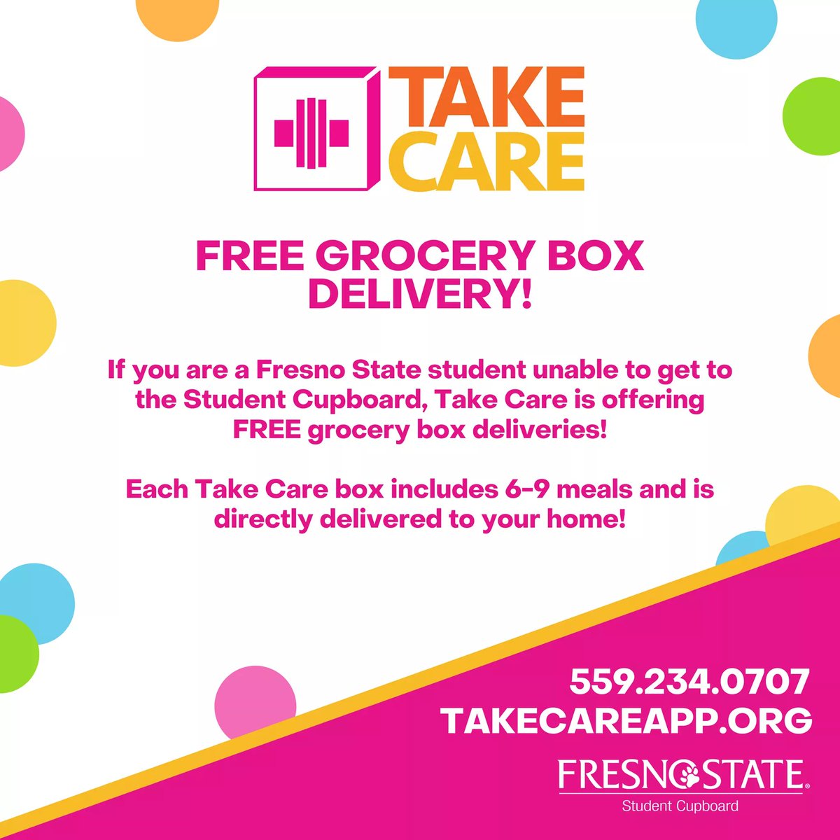 FresnoStateECE's tweet image. To schedule your delivery, visit takecareapp.org or call 559-234-0707. #FSFoodSecurity