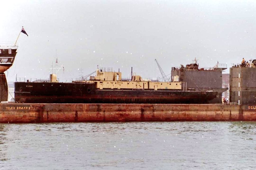 I'm 1984 she was sold from MoD service to be restored to her original M.33 build.She then moved to Hartlepool, transported along with retired Foudryant, now HMS Trincomalee. Several years later she was towed back to Portsmouth and was moored in Basin No.1 in  @HMNBPortsmouth.